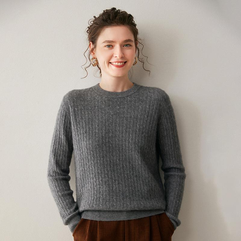 Women's Cashmere Round Neck Cable Knit Sweater - Soft, Comfortable, and Versatile for Autumn and Winter