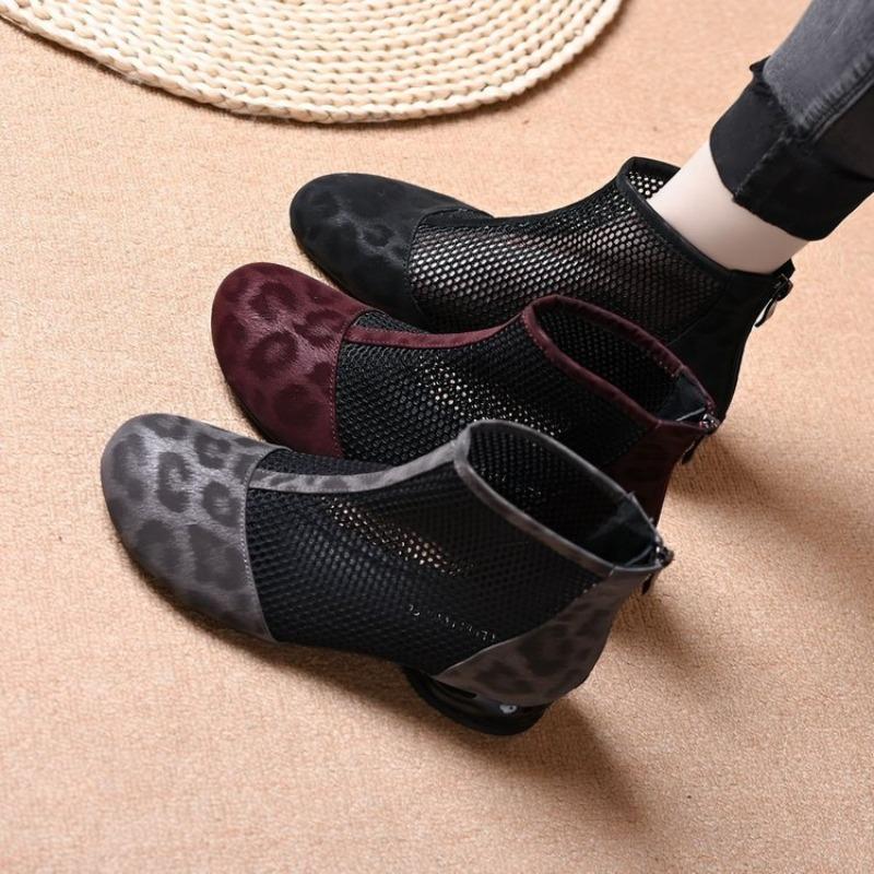 2025 Summer Luxe Sandals for Woman Chaussures Femme Square High Heel Leopard Women Mesh Suede Ankle Boots Sandalias De Mujer