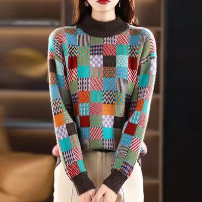Color Blocking Checkered Knit Pullover for Women's Autumn and Winter New Thickened Korean Version Loose Knit Base Sweater