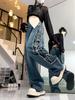 American Retro Plaid Patchwork Wide-Leg Jeans for Women