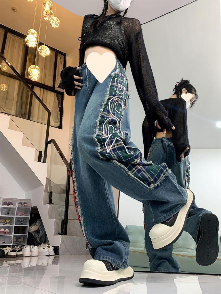 American Retro Plaid Patchwork Wide-Leg Jeans for Women