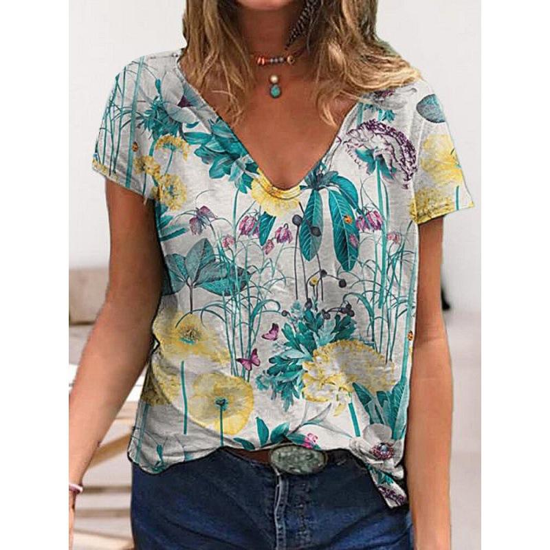 Summer V-neck 3D Flower Printed Top Fashionable Casual Short Sleeved Women's T-shirts