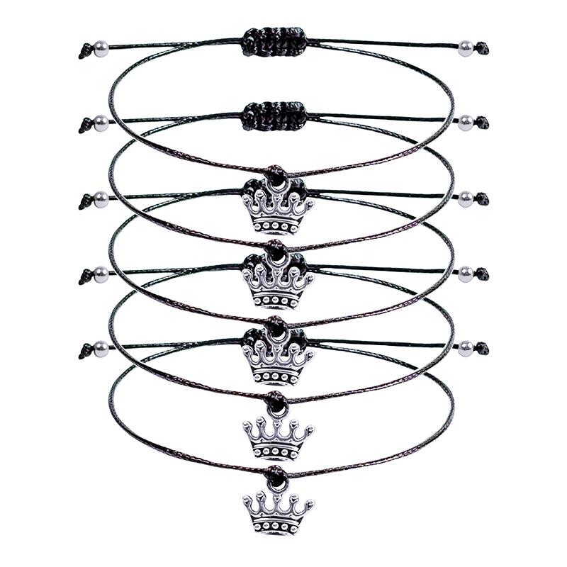 Adjustable Zinc Alloy Crown Black Waxed Cord Bracelet