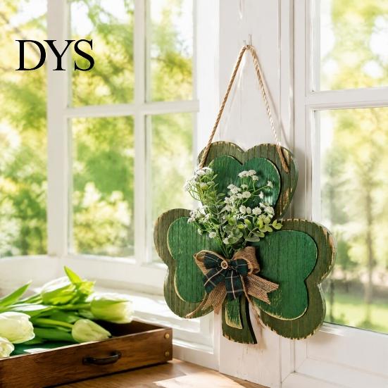 Wooden Clover Hanging Decor St. Patrick's Day Door Sign with Hemp Rope, Rustic Double Layer Shamrock Green Artificial Floral Wreath Flowers and Fabric