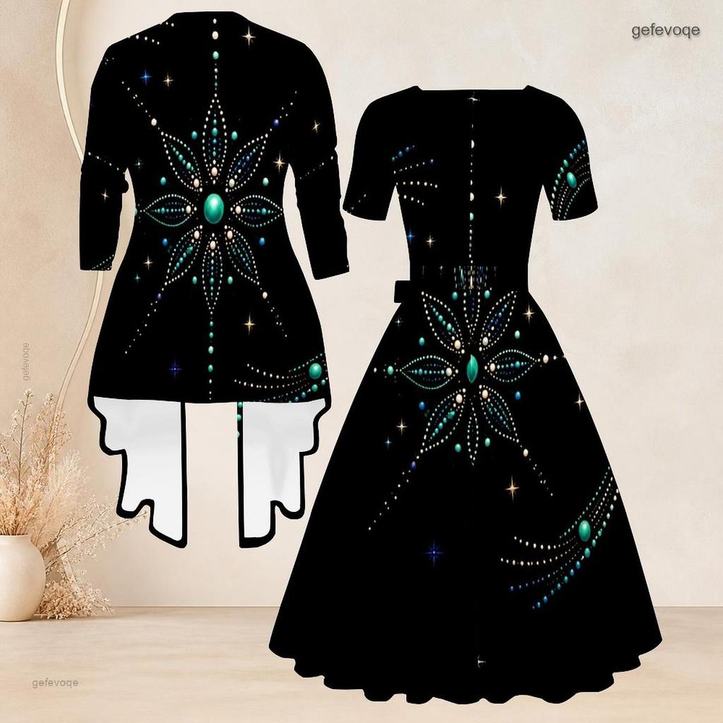 Women Plus Size Two Piece Set Black Printed Square Neck Short Sleeve Tie Waist Flared Dress And 3 4 Sleeve Cardigan
