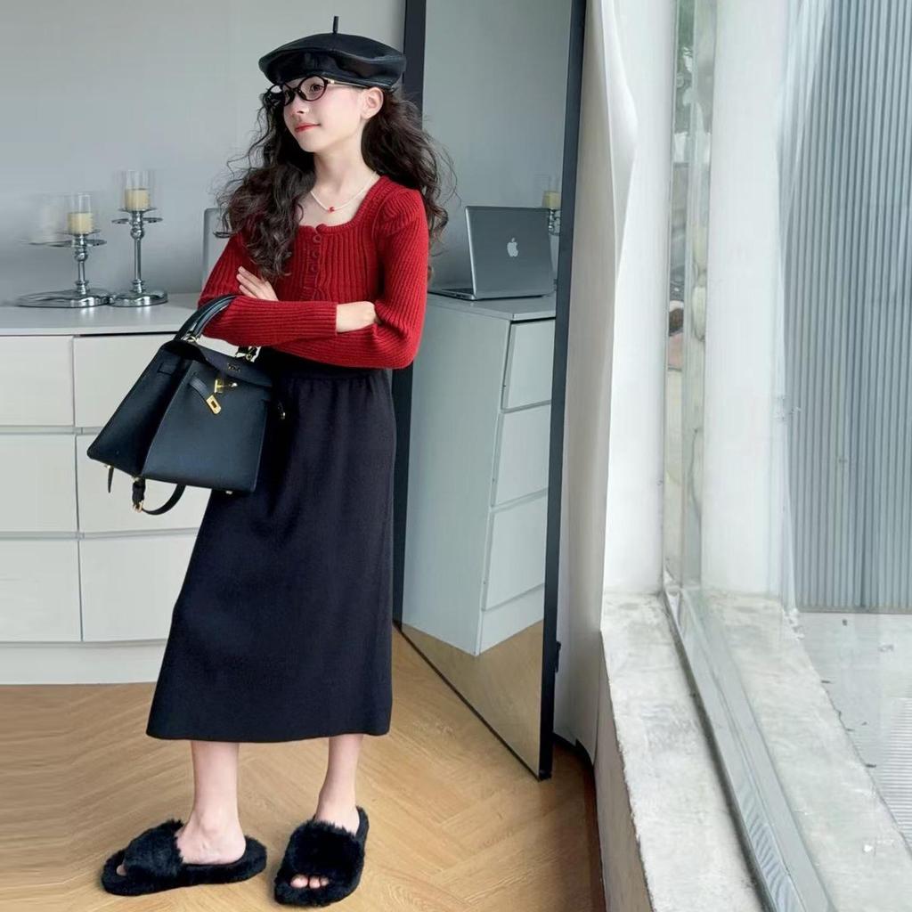 Mädchen Pullover mit Puffärmeln & Rock Set - 2025 Trendige Herbst/Winter Mode für Große Kinder