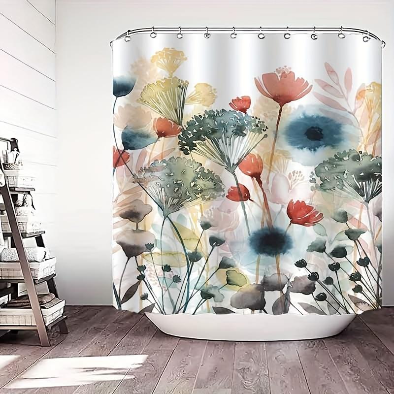 1Pc Elegant Floral Ink Wash Painting Shower Curtain, High-End Polyester Bathroom Decor With Hooks, Machine Washable