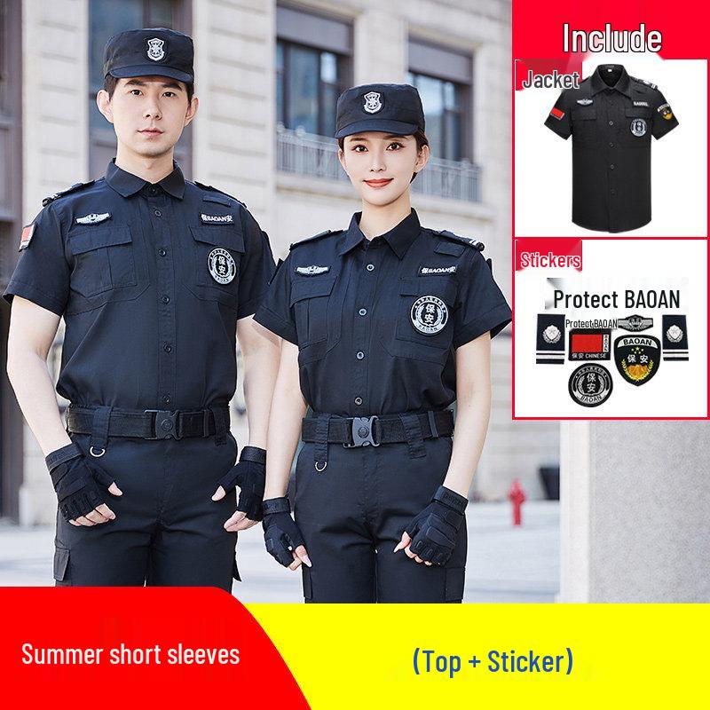 Men's Summer Security Uniform Short-Sleeve Set, Black Duty Training Attire for Property Management Community.