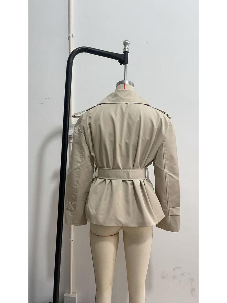 2025 Spring-Autumn Solid Color Belted Short Trench Coat