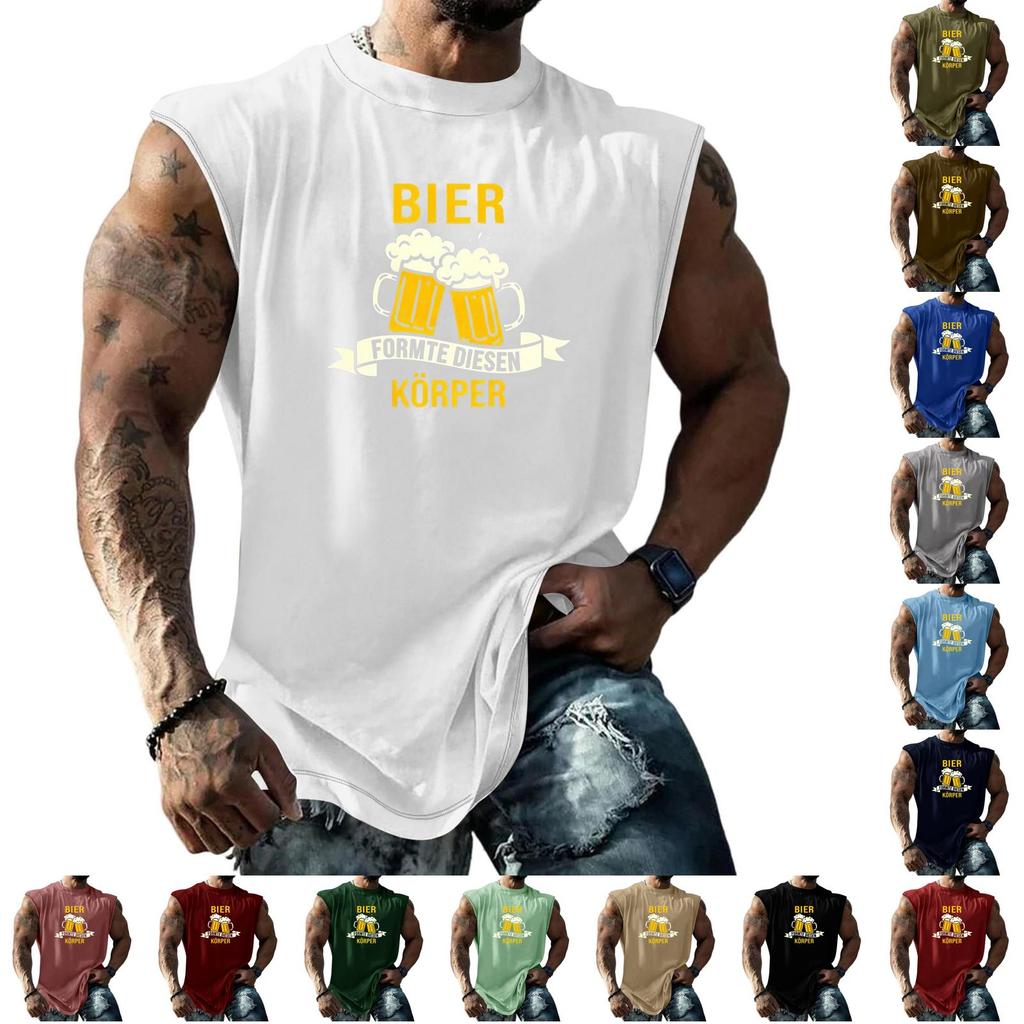 Men Sleeveless Tank Top Loose Fit Casual Streetwear Beer Festival Graphic Printed Muscle Shirt Summer Vacation Workout Gym Vest