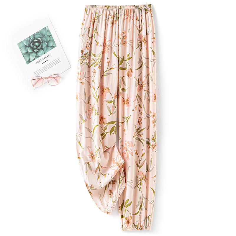 Dámské letní bavlněno-hedvábné pyžamové kalhoty: Lehký, Odolný proti komárům, Volný střih, Elastický kotník, Na pláž nebo na doma.