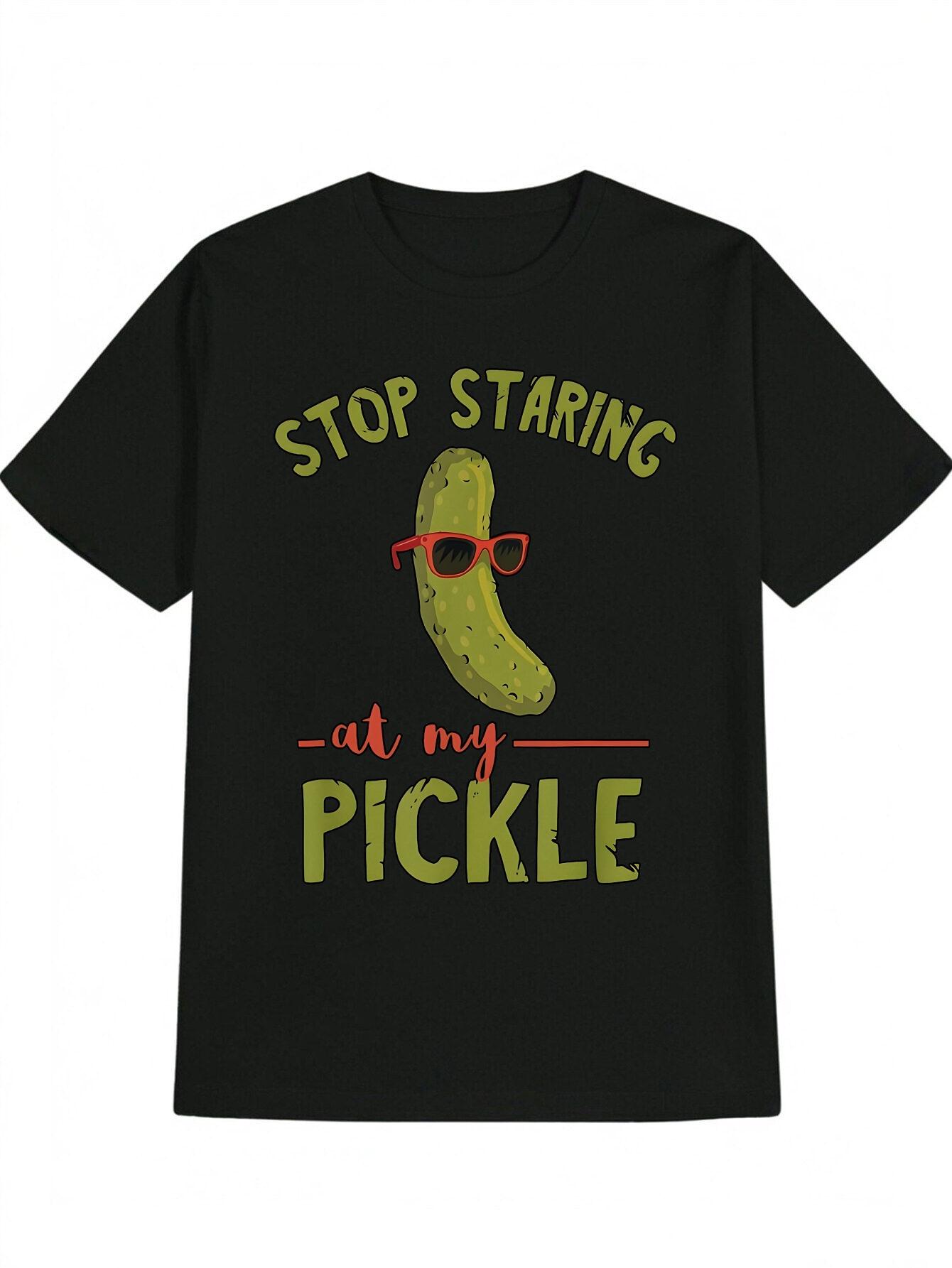 

Casual Black T-shirt with Pickle & Red Glasses Graphic - Stop Staring at My Pickle Print XXL