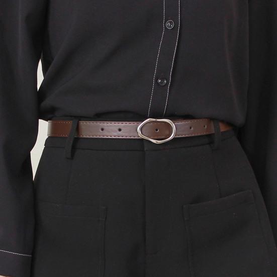Imitation Leather Women Belt Versatile Solid Color Design Irregular Oval Buckle Pin Waistband Dress Shirt Top Waist Belt