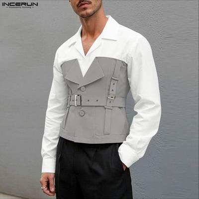 Herren Revers Kragen Patchwork Kontrastfarbe Langarm Freizeithemden Oberteile