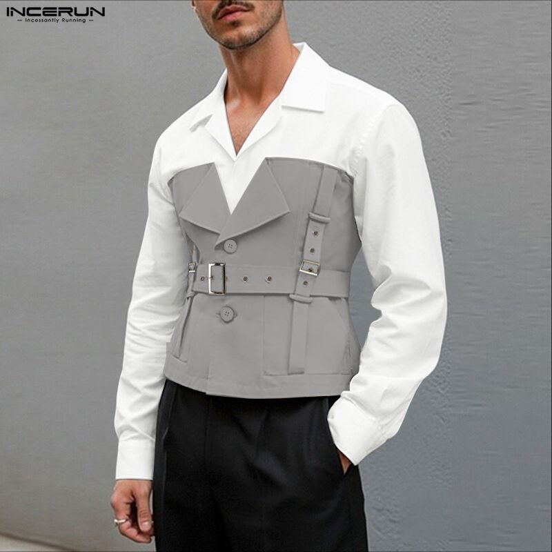 INCERUN Men Lapel Neck Patchwork Hit Color Long Sleeve Casual Shirts Tops