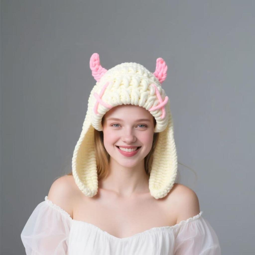 New Little Monster Handmade Knitted Wool Hat Autumn and Winter Thickened Warm Plush Hat Sweet Cool Babe Baotou