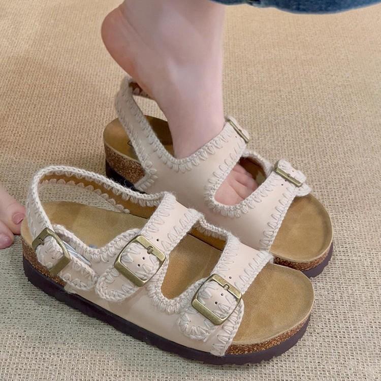 Sheepskin Edition~Retro One Word Buckle Externally Wearing Boken Shoes Summer Fashion Round Head Thick Bottom Beach Sandals