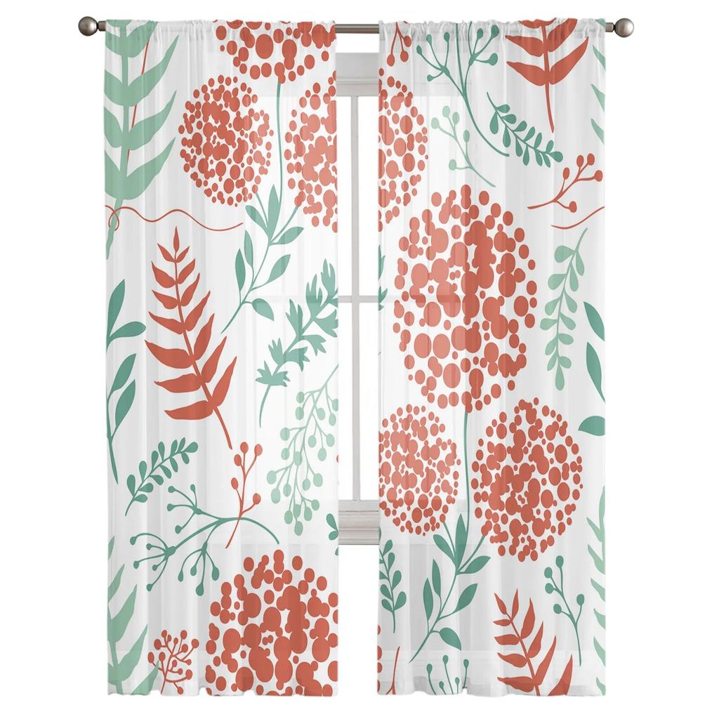 Perdele din tul cu flori roșii cu frunze verzi cu plante pentru sufragerie, bucătărie, dormitor, tul transparent pentru cafenea, hotel, decorațiuni moderne