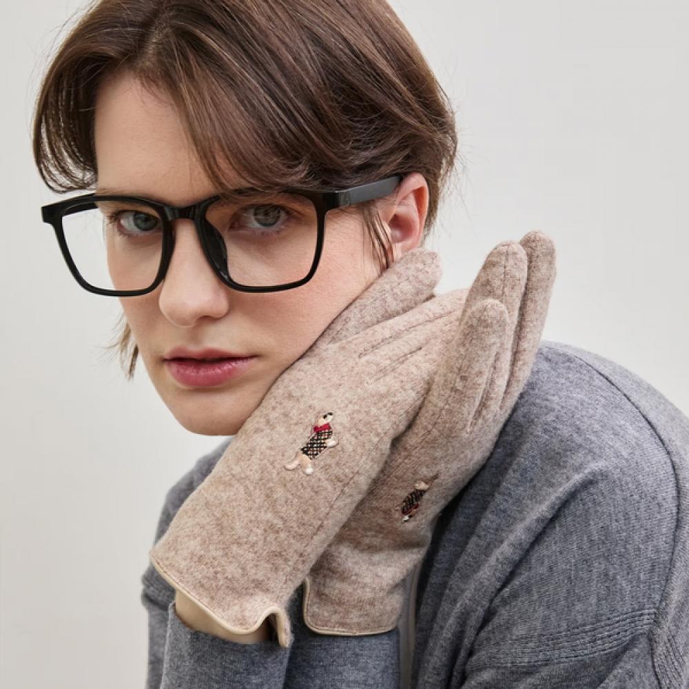 Daks Beige Wool Dachshund Embroidery Touchscreen Gloves Dcgv5f202i2 Single option