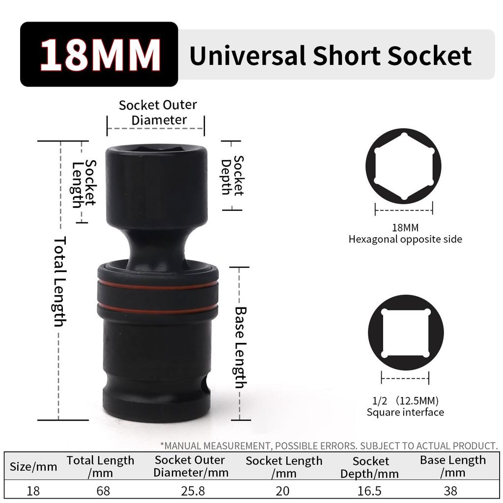 1/2inch Drive 10-24mm Universal Joint Hex Short Socket Electric Wrench Adapter 360°Swivel Impact Socket For Pneumatic Wrench