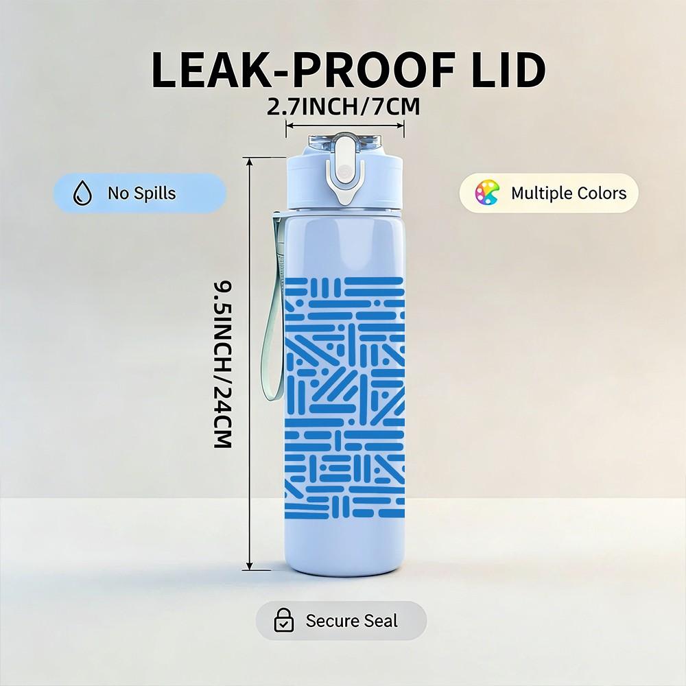 1PC Blue Geometric Line Maze Pattern 750ml Color Plastic Sports Water Bottle Leakproof Flip Straw Lid Suitable for Sports Office Home Use