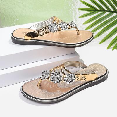 Flat Toe Sandals Summer New Round Head Crystal Buckle Thin with Soft Sole Anti-slip Wear-resistant Flip-flops