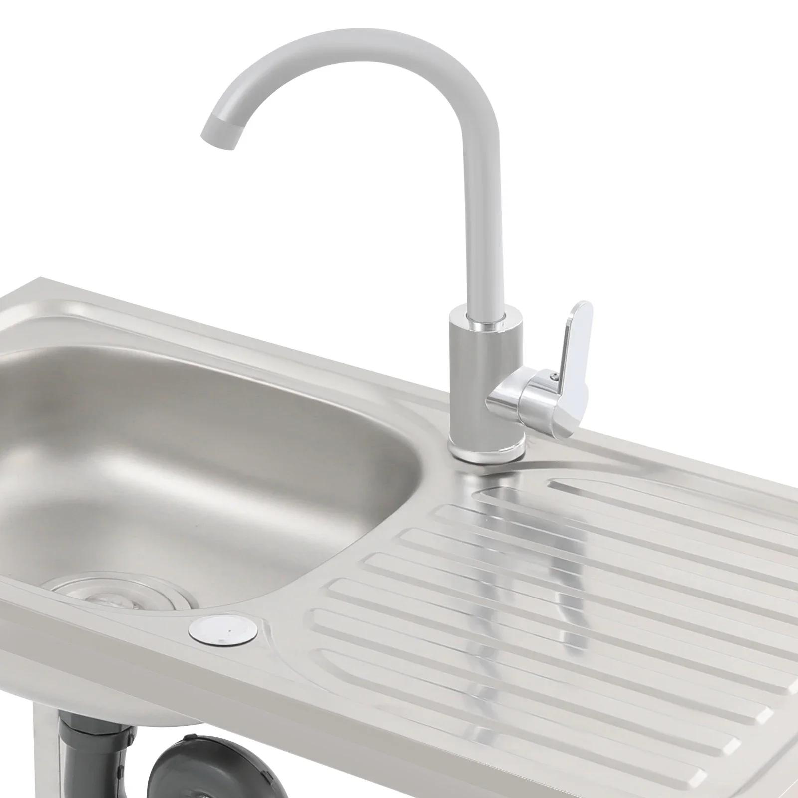 Sink with work countertop and base, single-bowl kitchen sink, freestanding sink with faucet, drain pipe, and inlet pipe argento