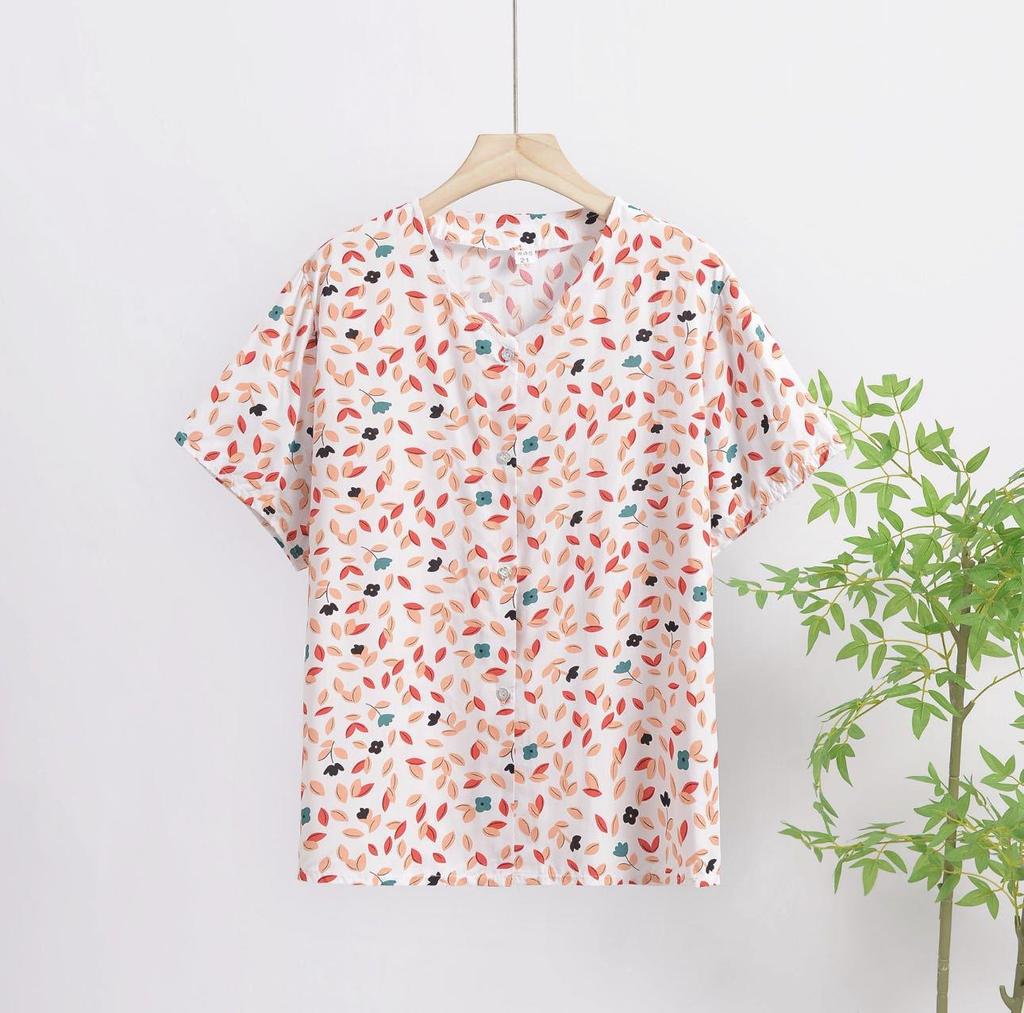 2025 Summer Floral Print V-Neck Button Short Sleeve Loose T-Shirt
