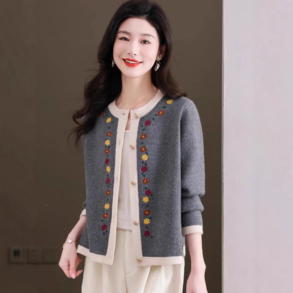 Patchwork Embroidered Knitted Cardigan for Women Solid Color Casual Sweater Coat Autumn and Winter Round-neck Top