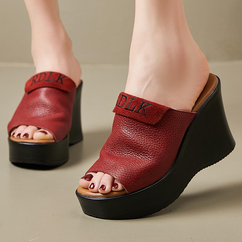 Mode GKTINOO 2025 Pantoufles Rétro Chaussures en Cuir Véritable Sandales Faites Main Pantoufles Femme Bout Ouvert Plateforme Compensée Sabots Pour Femmes