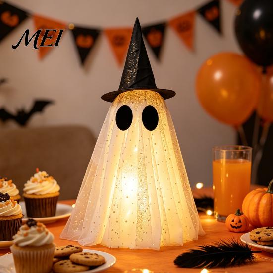Stable Three Dimensional Ghost Halloween Decor, Spooky Sequin Mesh Fabric with Witch Hat/Bow, Whimsical for Home Decor Small Standing Tabletop