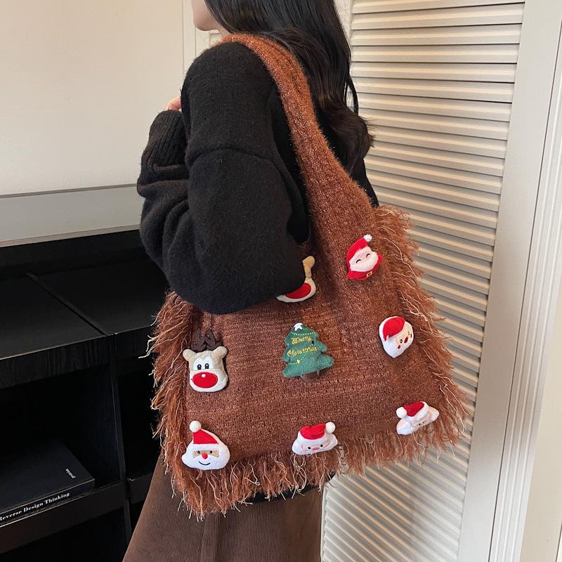 Korean Style Cute Cartoon Winter Yarn Shoulder Bag with Tassels - Versatile Large Capacity Tote