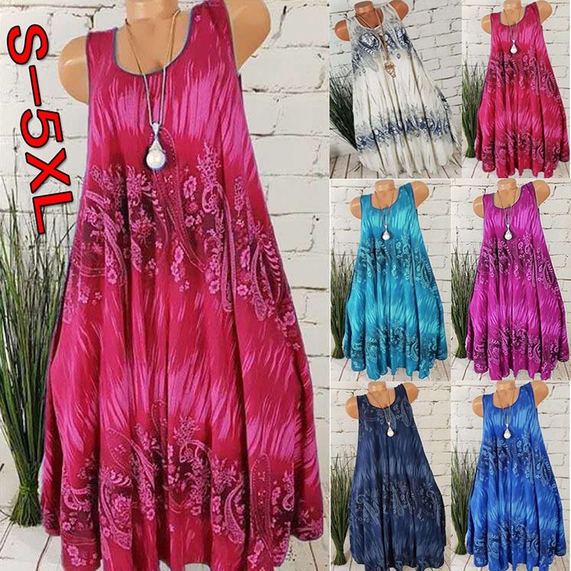 Comfortable Plus Size Women's Summer Sleeveless Floral Print Midi Dress For Casual Beach Wear