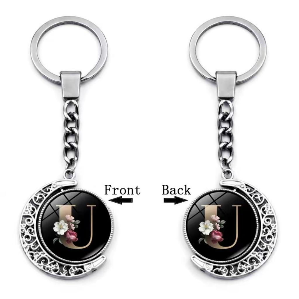 Alphabet Letter Keychain Pendant Metal Key Ring with Floral Pattern Double Sided Design for Bag Backpack Purse Accessories Gift