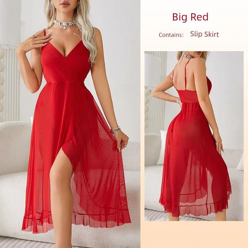 

2025 New Arrival Fashion Wind Sexy Intimates Nightdress/V Neck Open Back Split Suspender Skirt/Night Show Elegance Dress Red L