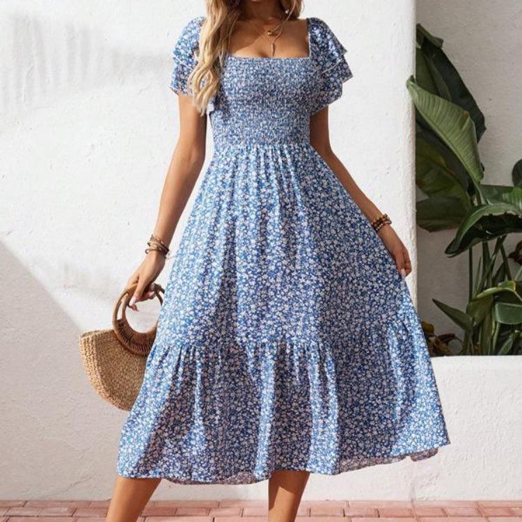 

Летнее платье с цветочным принтом в богемном стиле, повседневное женское, с коротким рукавом, квадратным вырезом, праздничное, цельное XL синий