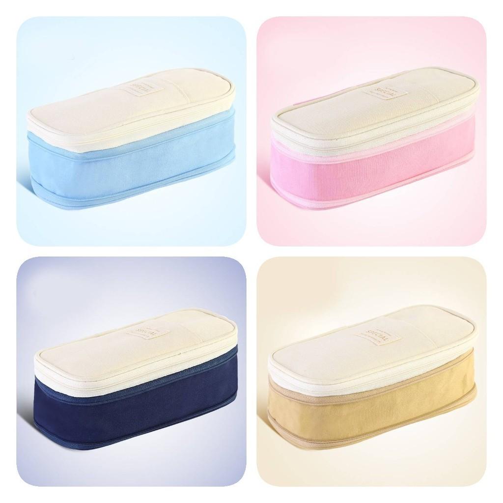 Stylish Macaron Color Canvas Expandable Large Capacity Pencil Case With Dual Zippers