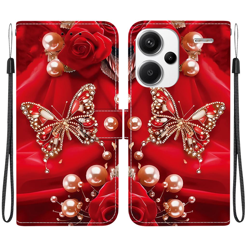 Ručně vyráběné PU kožené flipové pouzdro pro Xiaomi Redmi Note 13 Pro+/ Note 13 Pro Plus 5G Protiskluzový nárazuvzdorný kryt s poutkem na zápěstí a designy srdce/růže/kočka