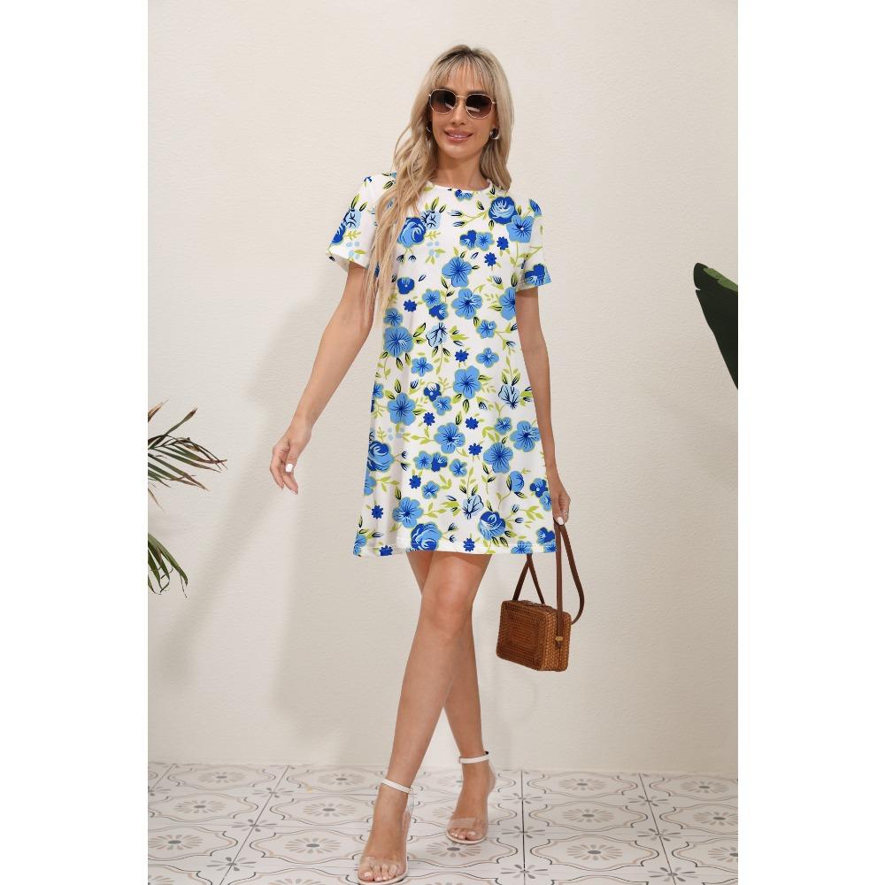2024 Summer Latest Women's Fashion Print Street Trend Round Neck Sweet and Fresh Flowers Solid Colors Suitable for Beach Dresses