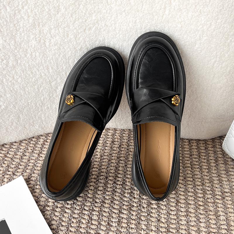 Women's Sheepskin Camellia Chunky Heel Loafers - High Platform Black with Gold Buckle (Height Increasing, Autumn/Winter 2025 Collection)
