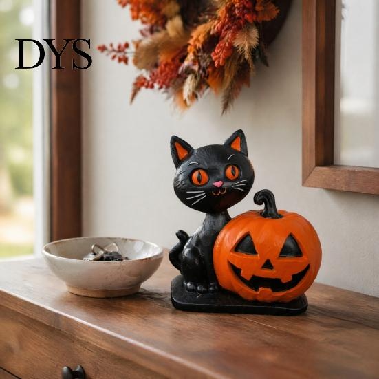 Durable Halloween Party Supplies Black Cat Pumpkin Skull Resin Statue, Cute Decoration for Artistic Desk Decor Indoor Outdoor Yard Table Decor,