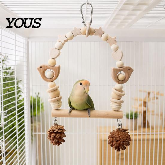 Wooden Blocks Bird Chew Toy Parrot Swing Perch, Toy, Beaded Arch Play Gym with Bells or Pine Cones, Cage Accessories for Parakeet Cockatiel