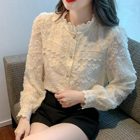 2025 Autumn Velvet Lace Stand Collar Shirt for Women