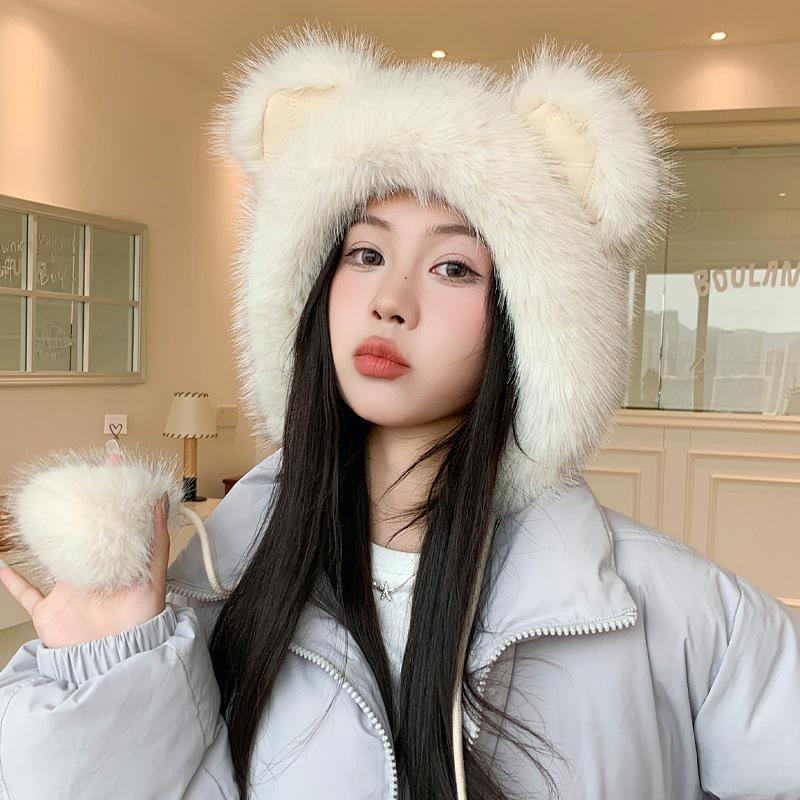 

Зимняя шапка женская милые медвежьи ушки флисовая теплая шапка ветрозащита защита ушей шапка-пуловер универсальная плюшевая шапка One Size