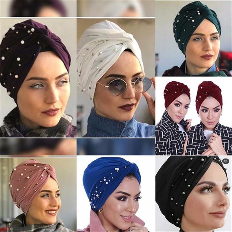 New Elastic Muslim Women Jersey Hijab Cotton Twist Turban Caps Female Head Scarf Wraps Pearls Turbante Mujer India Hat