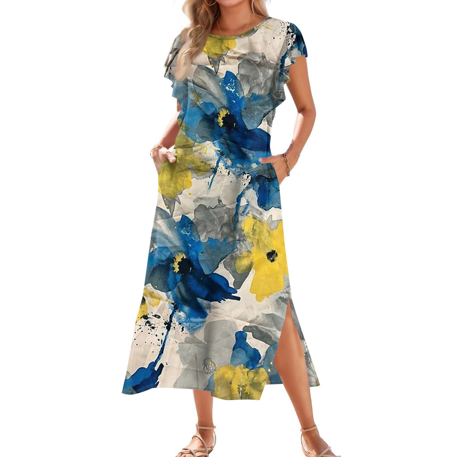 

Женское модное летнее повседневное пляжное платье с плиссированными рукавами, свободным ретро-цветочным принтом, короткими рукавами, круглым завязкой и карманом XL жёлтый