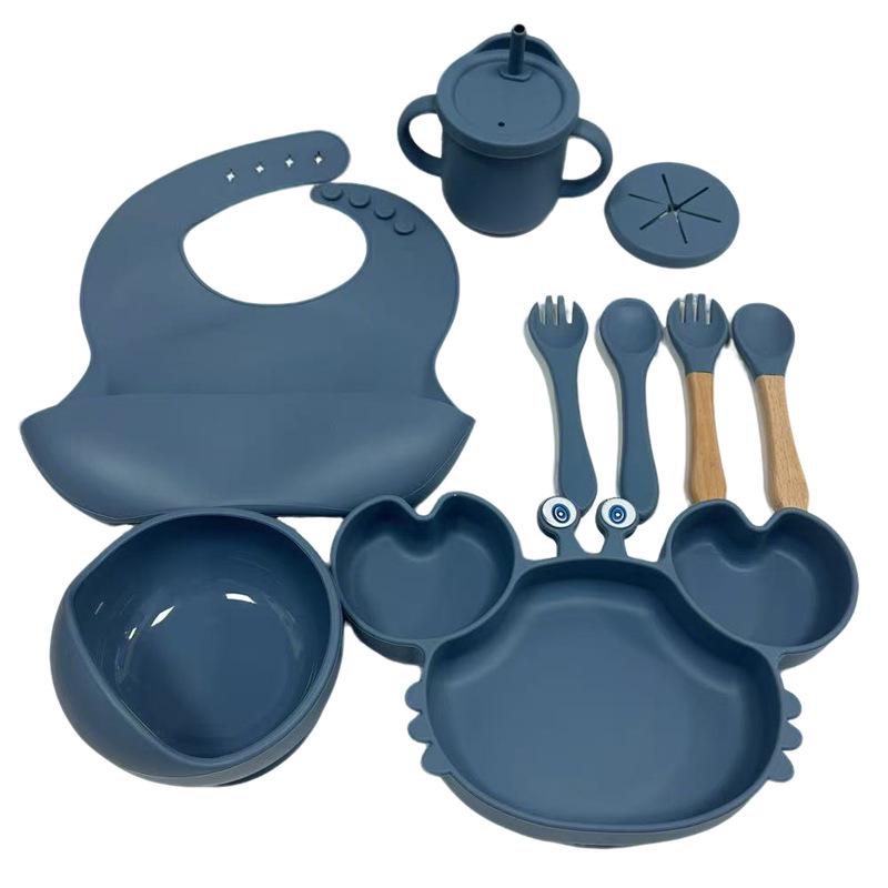 Silicone 3-Compartment Kids' Plate Set - 9-Piece Food-Grade Silicone Tableware for Mother & Baby