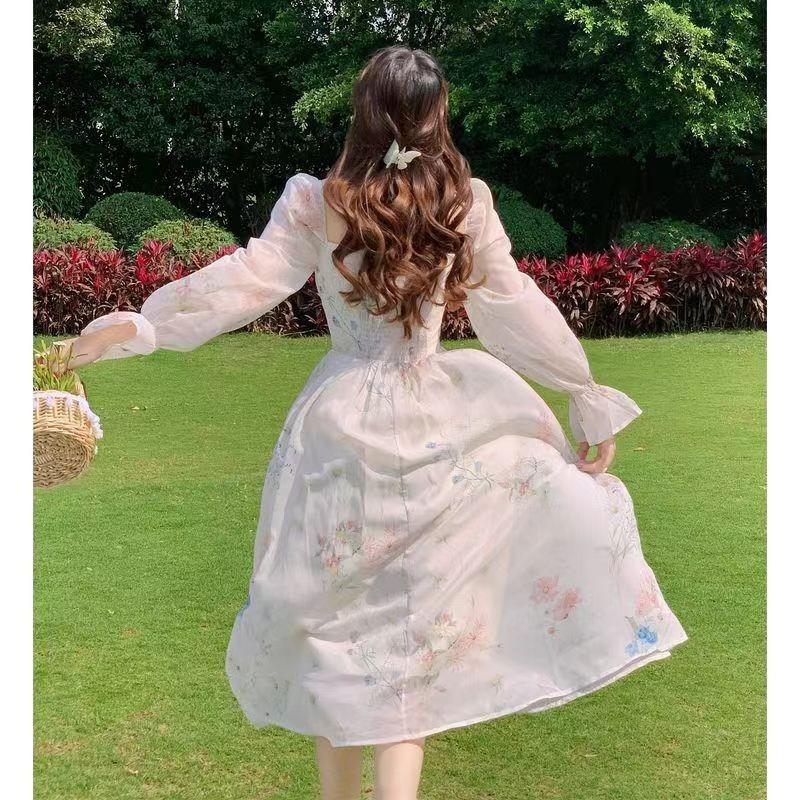 Square Collar Printed Chiffon Dress Long Sleeved Sweet A-line Loose Elegant Floral Holiday Dress Fashion Long Sleeve Spring Slim Fit Casual Dress