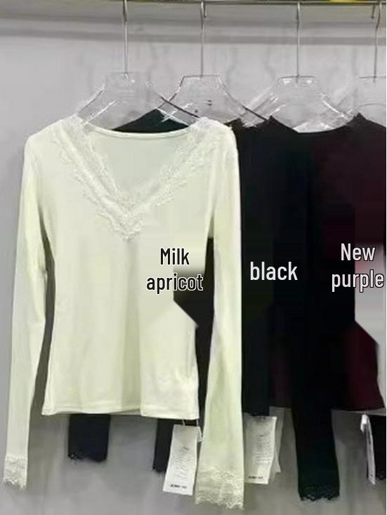Korean Style Brushed Velvet V-Neck Lace Trim Slim Fit Women's Top