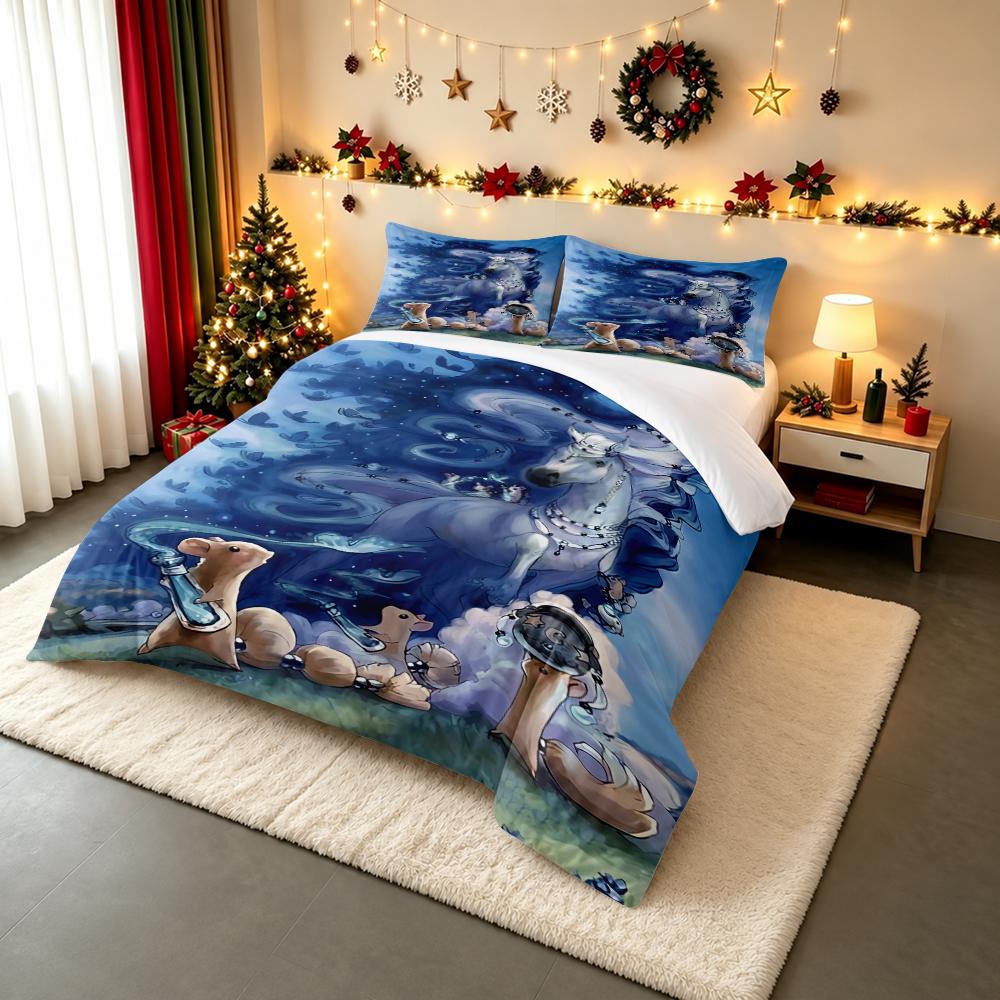 3 Piece Bedding Set Mystical White Horse Mice Butterflies Blue Fantasy Print Duvet Cover for Adult Room Decor